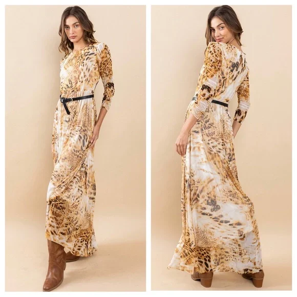 🐅 Print Mesh Ruched Sleeve Maxi Dress - Picture 4 of 5